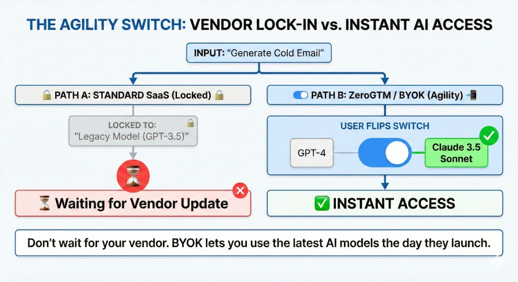 The Agility Switch: Standard SaaS locked to legacy model vs ZeroGTM BYOK instant model switch