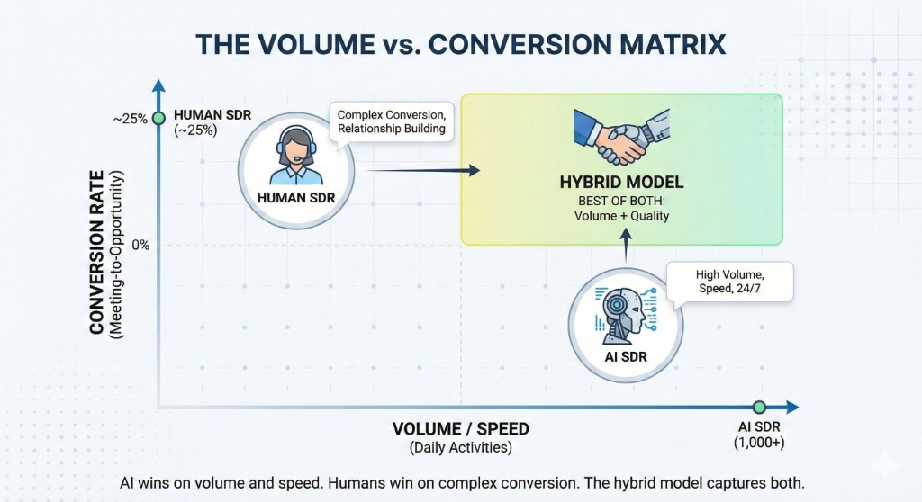 AI SDR vs Human SDR real cost breakdown: iceberg of hidden costs, CAC comparison, volume and speed