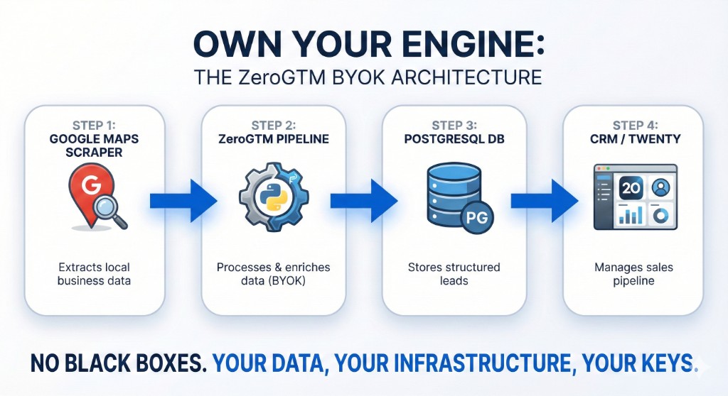 ZeroGTM BYOK Architecture: Google Maps → Pipeline → PostgreSQL → CRM