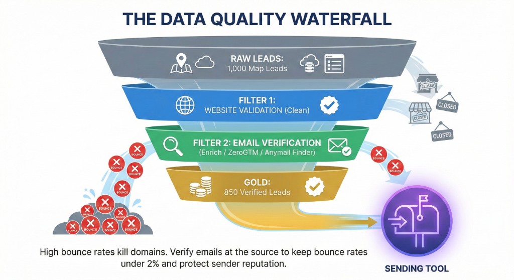 Data Quality Waterfall: Raw leads → Website validation → Email verification → Verified leads to sending tool