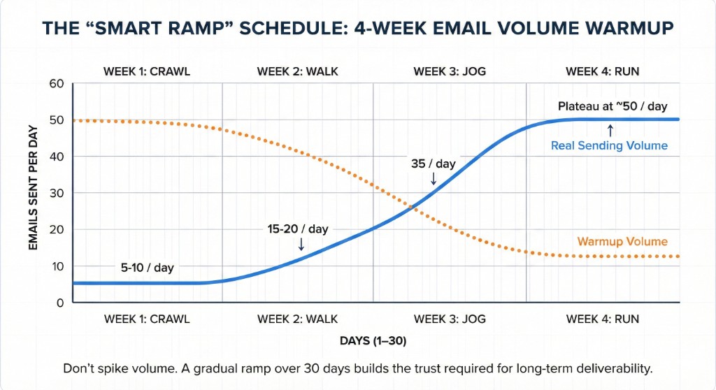 Smart Ramp: 4-week email volume warmup — Crawl, Walk, Jog, Run over 30 days